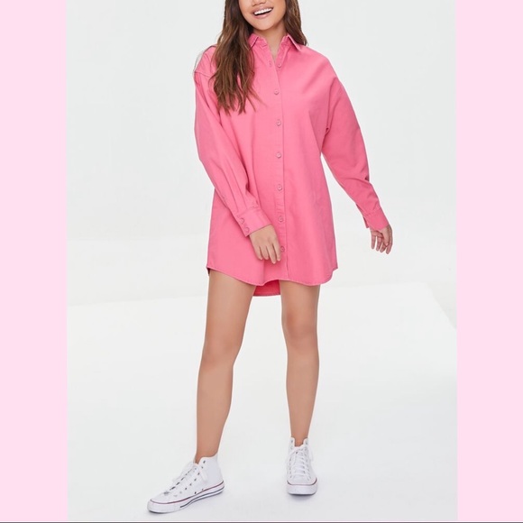 Dresses | Hot Pink Mini Twill Long Sleeve Button Down Boyfriend Shirt Dress  | Poshmark